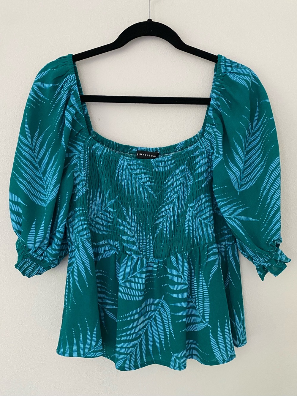 Gibson Teal Puff-Sleeve Smocked Peplum Blouse Palm Leaf